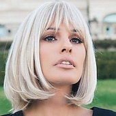 preiswerte Trendige synthetische Perücken-Graue Perücken für Frauen, synthetische Perücke, natürlicher gerader Bob mit Pony, Perücke, blond, hellgolden, rosa, blond, braun, weiß, 35,6 cm, für tägliche Party, Weihnachtsfeier-Perücken,