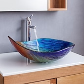 economico Lavabi da appoggio-lavabo da bagno rettangolare 21 &quot;x15&quot;, miscelatore lavabo e scarico combinato con scarico a scomparsa, lavabo artistico in vetro temperato colorato a forma di barca, lavabo da appoggio sopra lavabo lavabo artistico