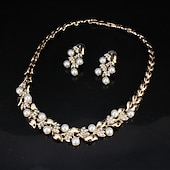cheap Jewelry Sets-Hoop Earrings Two-piece Suit White Imitation Pearl Rhinestone 1 Necklace Earrings Women&#039;s Basic Fashion Korean Classic Leaf Jewelry Set For Party Wedding Engagement / Bridal Jewelry Sets