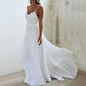 abordables vestidos de novia casuales-Vestido de boda boho sexy simple playa vestido de boda A-línea escote corazón tirantes camisola cola barrida  cepillo gasa vestidos de novia con pliegues apliques vestido para impresionar boda de