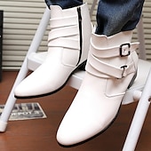 abordables Botines-Botines con hebilla blanca para hombre: zapatos de piel sintética elegantes y con estilo para eventos formales, fiestas y cosplay.