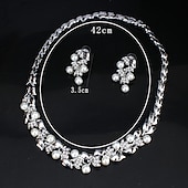 cheap Jewelry Sets-Hoop Earrings Two-piece Suit White Imitation Pearl Rhinestone 1 Necklace Earrings Women&#039;s Basic Fashion Korean Classic Leaf Jewelry Set For Party Wedding Engagement / Bridal Jewelry Sets