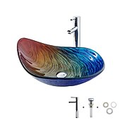 economico Lavabi da appoggio-lavabo da bagno rettangolare 21 &quot;x15&quot;, miscelatore lavabo e scarico combinato con scarico a scomparsa, lavabo artistico in vetro temperato colorato a forma di barca, lavabo da appoggio sopra lavabo lavabo artistico