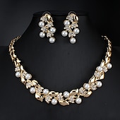 cheap Jewelry Sets-Hoop Earrings Two-piece Suit White Imitation Pearl Rhinestone 1 Necklace Earrings Women&#039;s Basic Fashion Korean Classic Leaf Jewelry Set For Party Wedding Engagement / Bridal Jewelry Sets
