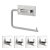 economico Set di accessori da bagno-il set di accessori per il bagno in acciaio inossidabile include portarotolo multifunzione e ganci per accappatoio 4 pezzi nero opaco senza punzonatura e argento spazzolato con adesivo a forte