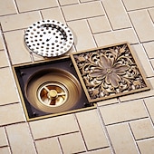 economico Scarichi-Scarico a pavimento per doccia da 4 pollici quadrato tradizionale 100 x 100 mm, griglia per inserto igienico-sanitario per scarico del bagno in ottone antico rimovibile, filtro per capelli