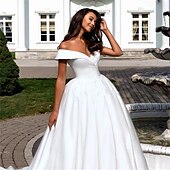 abordables Vestidos de novia-Formal Wedding Dresses Ball Gown Off Shoulder Cap Sleeve Chapel Train Satin Bridal Gowns With Pleats 2023