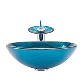 cheap Vessel Sinks-Minimalist Mediterranean Wind Round Basin Tempered Glass Wash Basin With Waterfall Faucet Basin Support Drainer