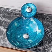 cheap Vessel Sinks-Minimalist Mediterranean Wind Round Basin Tempered Glass Wash Basin With Waterfall Faucet Basin Support Drainer