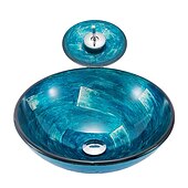 cheap Vessel Sinks-Minimalist Mediterranean Wind Round Basin Tempered Glass Wash Basin With Waterfall Faucet Basin Support Drainer
