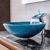 cheap Vessel Sinks-Minimalist Mediterranean Wind Round Basin Tempered Glass Wash Basin With Waterfall Faucet Basin Support Drainer