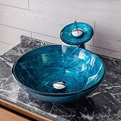 cheap Vessel Sinks-Minimalist Mediterranean Wind Round Basin Tempered Glass Wash Basin With Waterfall Faucet Basin Support Drainer