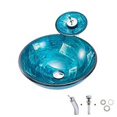 cheap Vessel Sinks-Minimalist Mediterranean Wind Round Basin Tempered Glass Wash Basin With Waterfall Faucet Basin Support Drainer