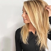 billige eldre parykk-Syntetiske parykker Rett Asymmetrisk frisyre Maskinprodusert Parykk Blond Lang Blond Syntetisk hår 21 tommers Dame Beste kvalitet Blond / Dagligdagstøy