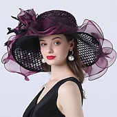 abordables Chapeaux de Fête-Chapeaux headwear chapeau en tulle organza chapeau seau chapeau en paille chapeau de soleil mariage plein air course de chevaux Ladies Day Melbourne Cup mode vintage avec nœud en fleurs headpiece