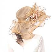 levne Party klobouky-Klobouky pokrývky hlavy tylové organza kbelíky slaměné klobouky sluneční klobouk svatební venkovní Melbourne Cup koktejlové royal ascot módní vintage styl s mašlí a květinovou ozdobou derby klobouky