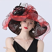 abordables Chapeaux de Fête-Chapeaux headwear chapeau en tulle organza chapeau seau chapeau en paille chapeau de soleil mariage plein air course de chevaux Ladies Day Melbourne Cup mode vintage avec nœud en fleurs headpiece