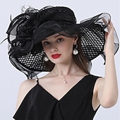 abordables Chapeaux de Fête-Chapeaux headwear chapeau en tulle organza chapeau seau chapeau en paille chapeau de soleil mariage plein air course de chevaux Ladies Day Melbourne Cup mode vintage avec nœud en fleurs headpiece