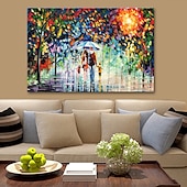 cheap Landscape Paintings-Oil Painting 100% Handmade Hand Painted Wall Art On Canvas A Family Of Four Holds An Umbrella Abstract Landscape Vintage Traditional Home Decoration Decor Rolled Canvas No Frame Unstretched