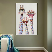 cheap Animal Paintings-Nursery Oil Painting Handmade Hand Painted Wall Art Colorful Cartoon Giraffe Animal Home Decoration Décor Stretched Frame Ready to Hang