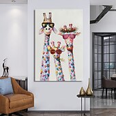 cheap Animal Paintings-Nursery Oil Painting Handmade Hand Painted Wall Art Colorful Cartoon Giraffe Animal Home Decoration Décor Stretched Frame Ready to Hang