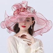 levne Party klobouky-Klobouky pokrývky hlavy tylové organza kbelíky slaměné klobouky sluneční klobouk svatební venkovní Melbourne Cup koktejlové royal ascot módní vintage styl s mašlí a květinovou ozdobou derby klobouky