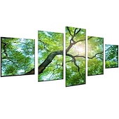 cheap Botanical/Floral Prints-5 Panels Wall Art Canvas Prints Posters Painting Artwork Picture Green Forest Sun Modern Home Decoration Décor Rolled Canvas With Stretched Frame