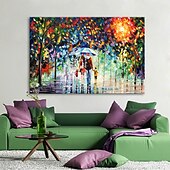 cheap Landscape Paintings-Oil Painting 100% Handmade Hand Painted Wall Art On Canvas A Family Of Four Holds An Umbrella Abstract Landscape Vintage Traditional Home Decoration Decor Rolled Canvas No Frame Unstretched
