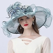 levne Party klobouky-Klobouky pokrývky hlavy tylové organza kbelíky slaměné klobouky sluneční klobouk svatební venkovní Melbourne Cup koktejlové royal ascot módní vintage styl s mašlí a květinovou ozdobou derby klobouky