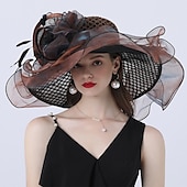 abordables Chapeaux de Fête-Chapeaux headwear chapeau en tulle organza chapeau seau chapeau en paille chapeau de soleil mariage plein air course de chevaux Ladies Day Melbourne Cup mode vintage avec nœud en fleurs headpiece
