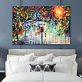cheap Landscape Paintings-Oil Painting 100% Handmade Hand Painted Wall Art On Canvas A Family Of Four Holds An Umbrella Abstract Landscape Vintage Traditional Home Decoration Decor Rolled Canvas No Frame Unstretched