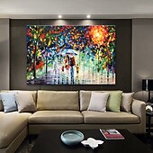 cheap Landscape Paintings-Oil Painting 100% Handmade Hand Painted Wall Art On Canvas A Family Of Four Holds An Umbrella Abstract Landscape Vintage Traditional Home Decoration Decor Rolled Canvas No Frame Unstretched