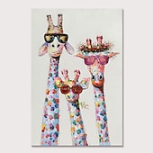 cheap Animal Paintings-Nursery Oil Painting Handmade Hand Painted Wall Art Colorful Cartoon Giraffe Animal Home Decoration Décor Stretched Frame Ready to Hang