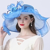levne Party klobouky-Klobouky pokrývky hlavy tylové organza kbelíky slaměné klobouky sluneční klobouk svatební venkovní Melbourne Cup koktejlové royal ascot módní vintage styl s mašlí a květinovou ozdobou derby klobouky
