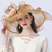 levne Party klobouky-Klobouky pokrývky hlavy tylové organza kbelíky slaměné klobouky sluneční klobouk svatební venkovní Melbourne Cup koktejlové royal ascot módní vintage styl s mašlí a květinovou ozdobou derby klobouky