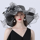 abordables Chapeaux de Fête-Chapeaux headwear chapeau en tulle organza chapeau seau chapeau en paille chapeau de soleil mariage plein air course de chevaux Ladies Day Melbourne Cup mode vintage avec nœud en fleurs headpiece