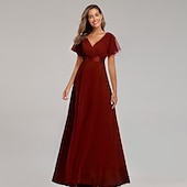 abordables Mariage Décontracté / de Jour-Robe de mariage en A-line froncée élégante pour les invitées de mariage mariage à la plage formelle cravate noire pour demoiselles d&#039;honneur longueur de sol manches courtes décolleté en V chiffon dos
