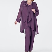 baratos Macacões da mamãe-Macacão  Conjunto de Calças Mãe da Noiva Convidada de Casamento Elegante Decote Redondo Comprimento do Chão Chiffon Manga Longa com Aplicações Florais 2025 tamanho personalizado gratuito