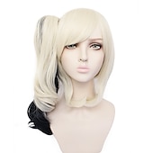 economico Parrucche di Carnevale-Parrucca con coda di cavallo Harley Quinn parrucche cosplay per donne con 2 code di cavallo parrucca riccia in fibra resistente al calore di 12 pollici parrucca anime multicolore per adulti parrucche