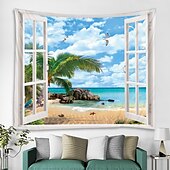 preiswerte Ozeanstrand Wandteppich-Wandteppich Fenster Landschaft Wand Tapisserie Kunst Dekor Decke Vorhang Picknick Tischdecke hängen zu Hause Schlafzimmer Wohnzimmer Wohnheim Meer Ozean Strand Palme Wandtuch XXL Natur