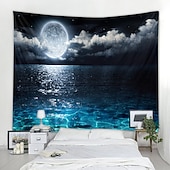 זול שטיחון חוף האוקיינוס-ירח ים שמיים קיר שטיח אומנות דקור שמיכה וילון מפת פיקניק תלוי בית חדר שינה סלון מעונות קישוט נוף לילה מלא אוקיינוס ענן כוכב