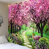 billige landskapsteppe-valentinsdag veggteppe kunst dekor teppe gardin piknik duk hengende hjem soverom stue sovesal dekorasjon natur landskap hage tre blomst blomst sti