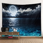 זול שטיחון חוף האוקיינוס-ירח ים שמיים קיר שטיח אומנות דקור שמיכה וילון מפת פיקניק תלוי בית חדר שינה סלון מעונות קישוט נוף לילה מלא אוקיינוס ענן כוכב