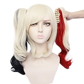 economico Parrucche di Carnevale-Parrucca con coda di cavallo Harley Quinn parrucche cosplay per donne con 2 code di cavallo parrucca riccia in fibra resistente al calore di 12 pollici parrucca anime multicolore per adulti parrucche