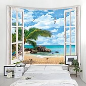 preiswerte Ozeanstrand Wandteppich-Wandteppich Fenster Landschaft Wand Tapisserie Kunst Dekor Decke Vorhang Picknick Tischdecke hängen zu Hause Schlafzimmer Wohnzimmer Wohnheim Meer Ozean Strand Palme Wandtuch XXL Natur