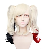 economico Parrucche di Carnevale-Parrucca con coda di cavallo Harley Quinn parrucche cosplay per donne con 2 code di cavallo parrucca riccia in fibra resistente al calore di 12 pollici parrucca anime multicolore per adulti parrucche