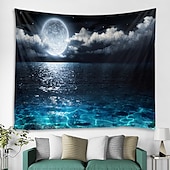 זול שטיחון חוף האוקיינוס-ירח ים שמיים קיר שטיח אומנות דקור שמיכה וילון מפת פיקניק תלוי בית חדר שינה סלון מעונות קישוט נוף לילה מלא אוקיינוס ענן כוכב