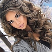 billiga Peruker i toppkvalitet-mörkbruna peruker för kvinnor syntetisk peruk body wave asymmetrisk peruk kort mycket långt brunt syntetiskt hår 26 tum curling fluffigt brunt