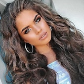 billiga Peruker i toppkvalitet-mörkbruna peruker för kvinnor syntetisk peruk body wave asymmetrisk peruk kort mycket långt brunt syntetiskt hår 26 tum curling fluffigt brunt