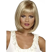 preiswerte Trendige synthetische Perücken-Graue Perücken für Frauen, synthetische Perücke, natürlicher gerader Bob mit Pony, Perücke, blond, hellgolden, rosa, blond, braun, weiß, 35,6 cm, für tägliche Party, Weihnachtsfeier-Perücken,